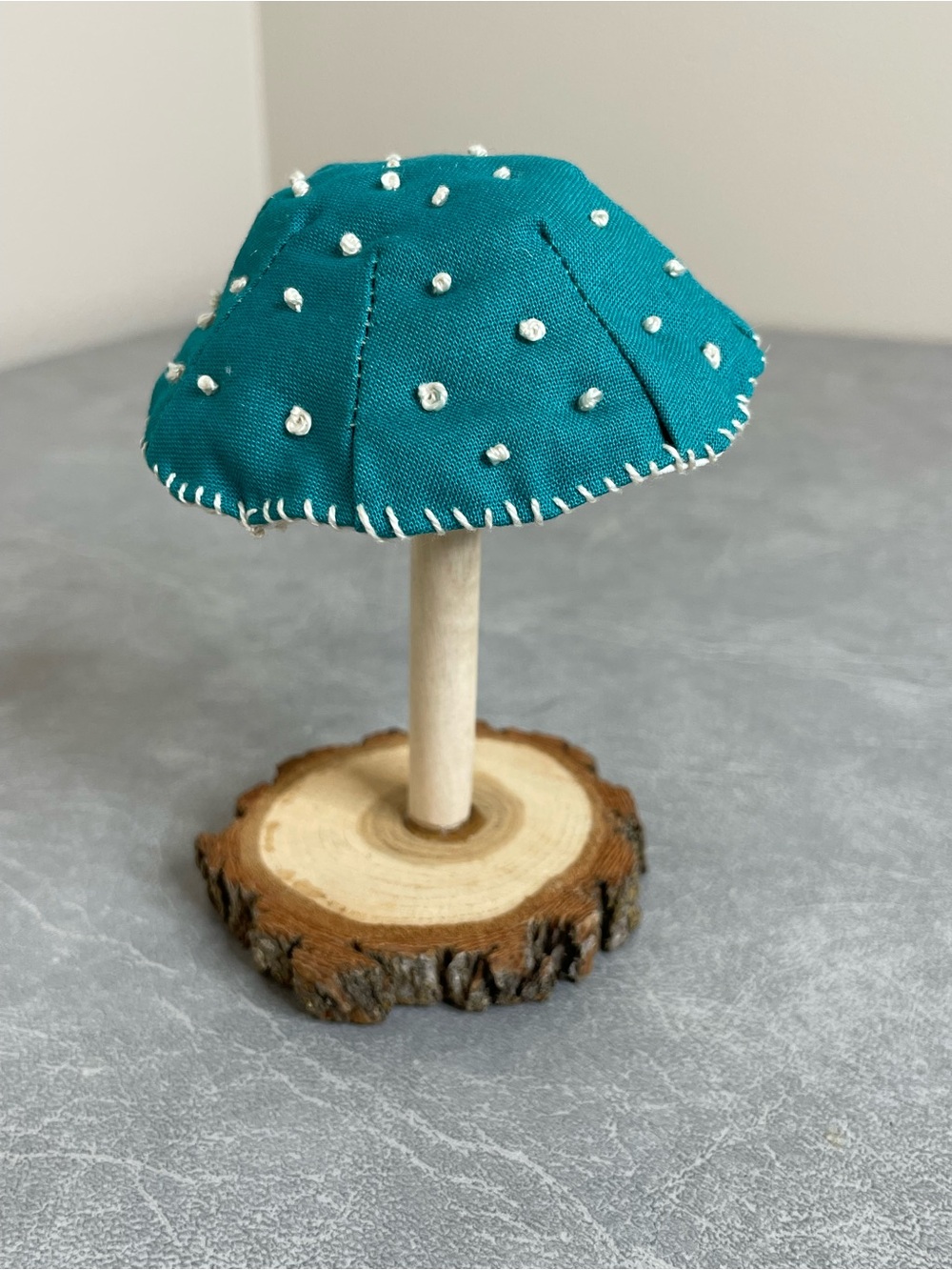 Hand Crafted Teal Mushroom Figurine on a Raw Wood Slice Base